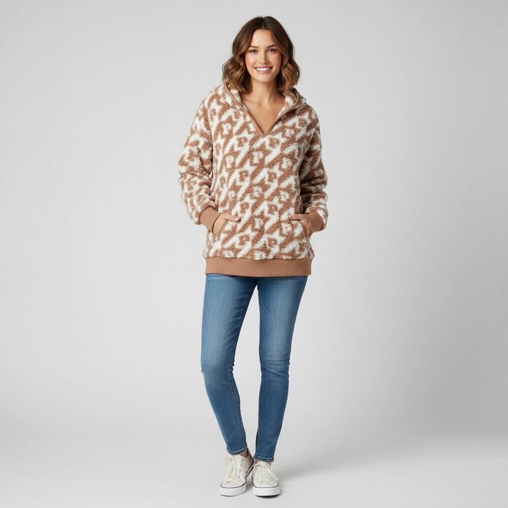 PINK Victoria’s Secret Sherpa Hoodie Medium Brown Cream Logo Fleece Pullover